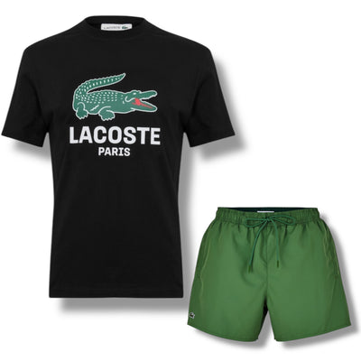 LACOSTE LARGE LOGO T-SHIRT & SWIM SHORTS SET BLACK & GREEN