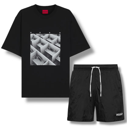 HUGO DESK LOGO T-SHIRT & SMALL LOGO SWIM SHORTS SET BLACK
