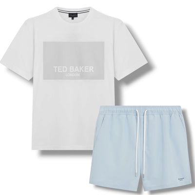 TED BAKER BIG LOGO T-SHIRT & SWIM SHORTS SET WHITE & LIGHT BLUE