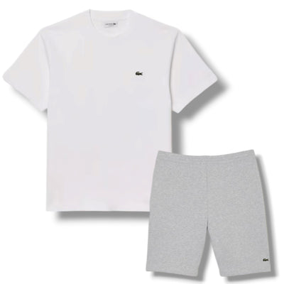LACOSTE SMALL LOGO T-SHIRT & JERSEY SHORTS SET WHITE & GREY