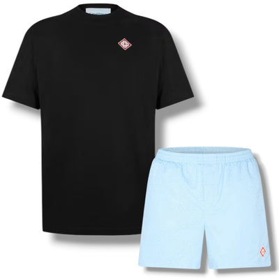 CASABLANCA DIAMOND T-SHIRT & SWIM SHORTS SET BLACK & LIGHT BLUE