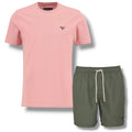 BARBOUR SMALL LOGO T-SHIRT & SWIM SHORTS SET PINK & OLIVE GREEN