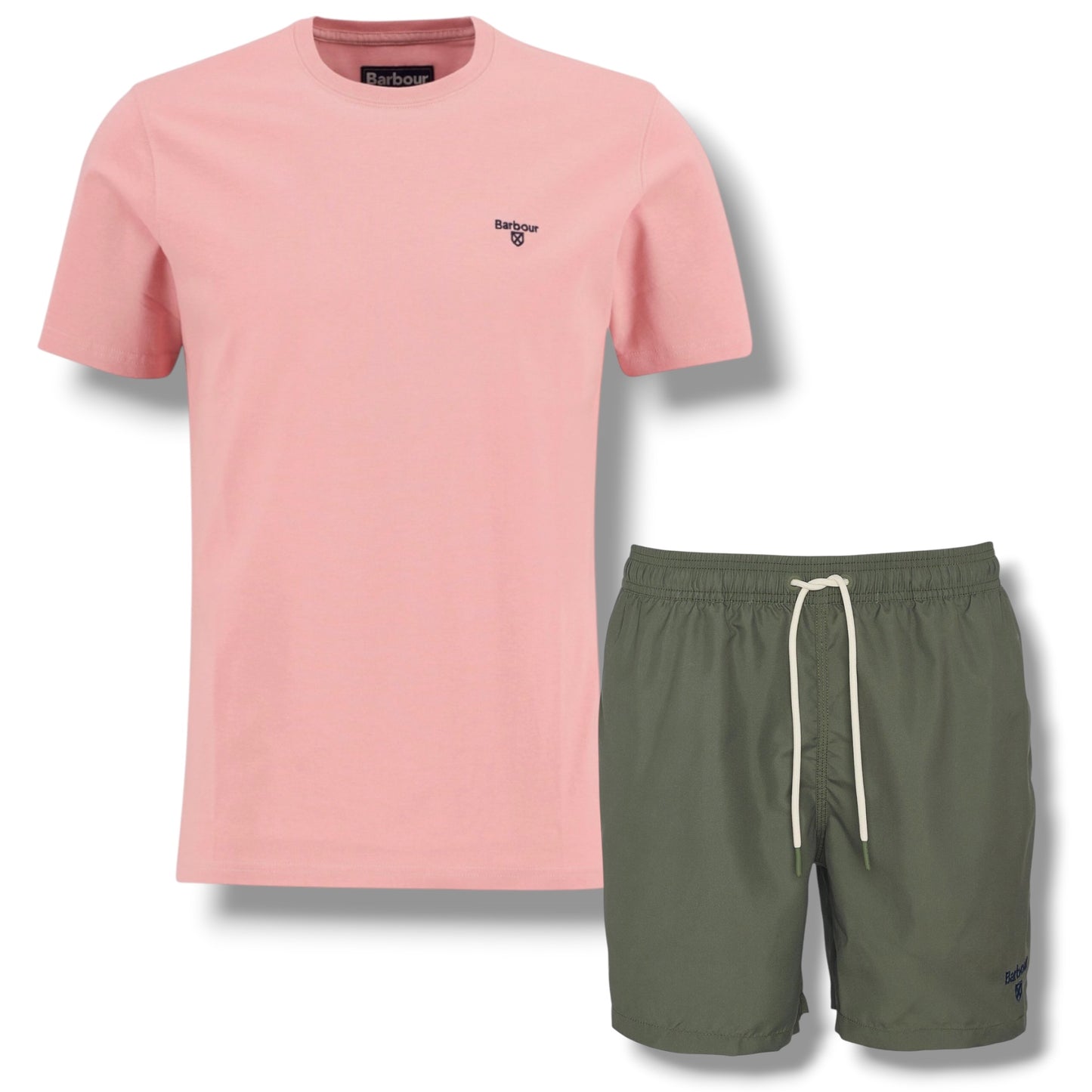 BARBOUR SMALL LOGO T-SHIRT & SWIM SHORTS SET PINK & OLIVE GREEN