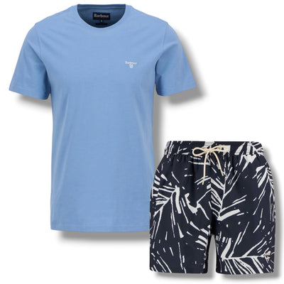 BARBOUR SMALL LOGO T-SHIRT & FLORAL SWIM SHORTS SET LIGHT BLUE & NAVY BLUE