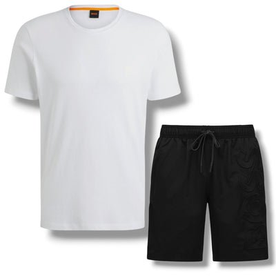 HUGO BOSS PATCH T-SHIRT & VERTI LOGO SWIM SHORTS SET WHITE & BLACK