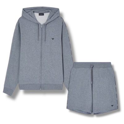 EMPORIO ARMANI ZIP UP TRIM HOODIE & SHORTS SET GREY