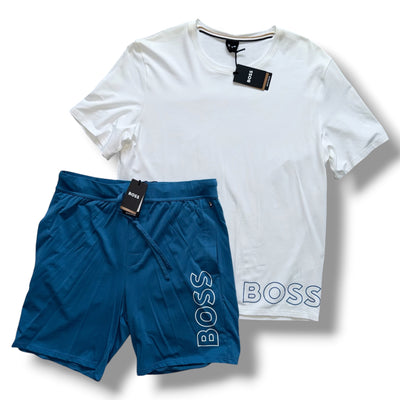 HUGO BOSS VERTI LOGO T SHIRT & SHORTS SET WHITE & BLUE *SALE*