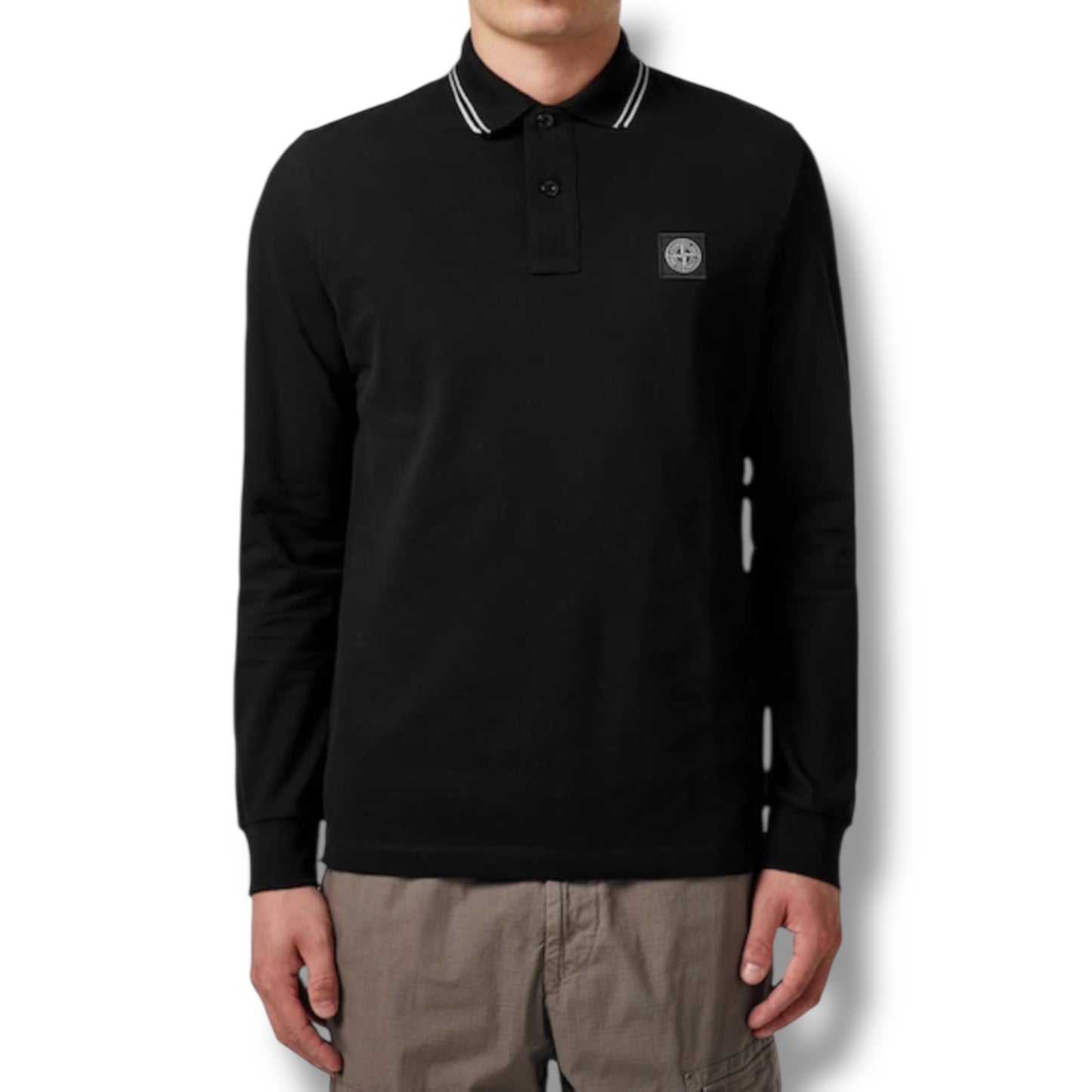 STONE ISLAND LONG SLEEVE PATCH LOGO POLO SHIRT BLACK