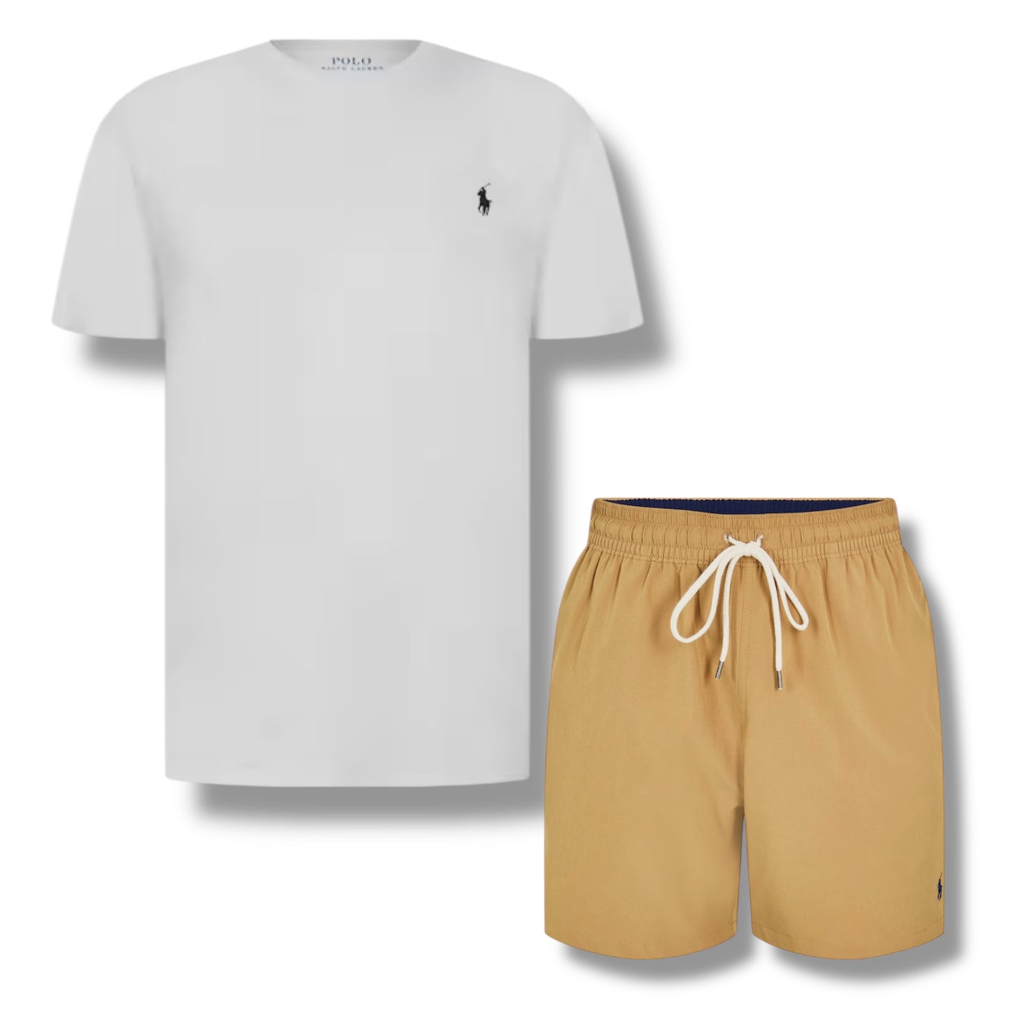 RALPH LAUREN T-SHIRT & SWIM SHORTS SET WHITE & TAN BEIGE