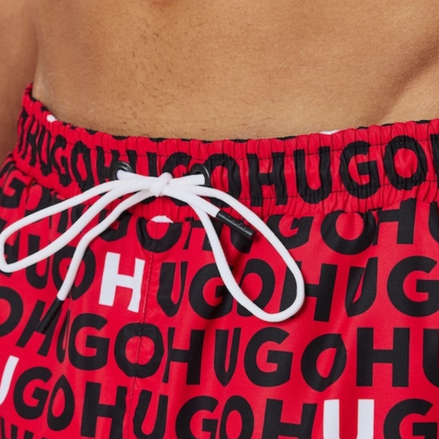 HUGO BIG LOGO T-SHIRT & ALL OVER SWIM SHORTS SET WHITE - RED & RED