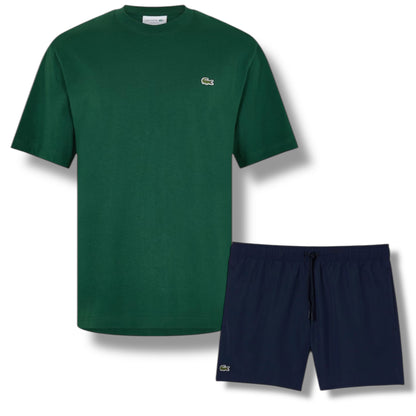 LACOSTE SMALL LOGO T-SHIRT & SWIM SHORTS SET GREEN & NAVY
