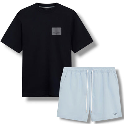 TED BAKER T-SHIRT & SWIM SHORTS SET BLACK & LIGHT BLUE