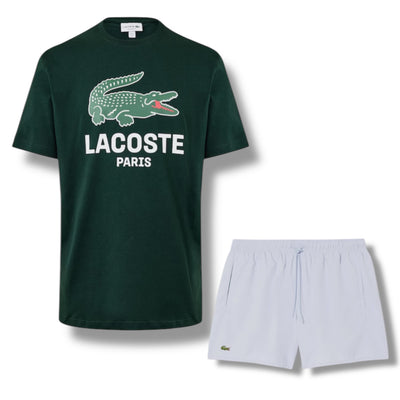 LACOSTE LARGE LOGO T-SHIRT & SWIM SHORTS SET GREEN & LIGHT BLUE