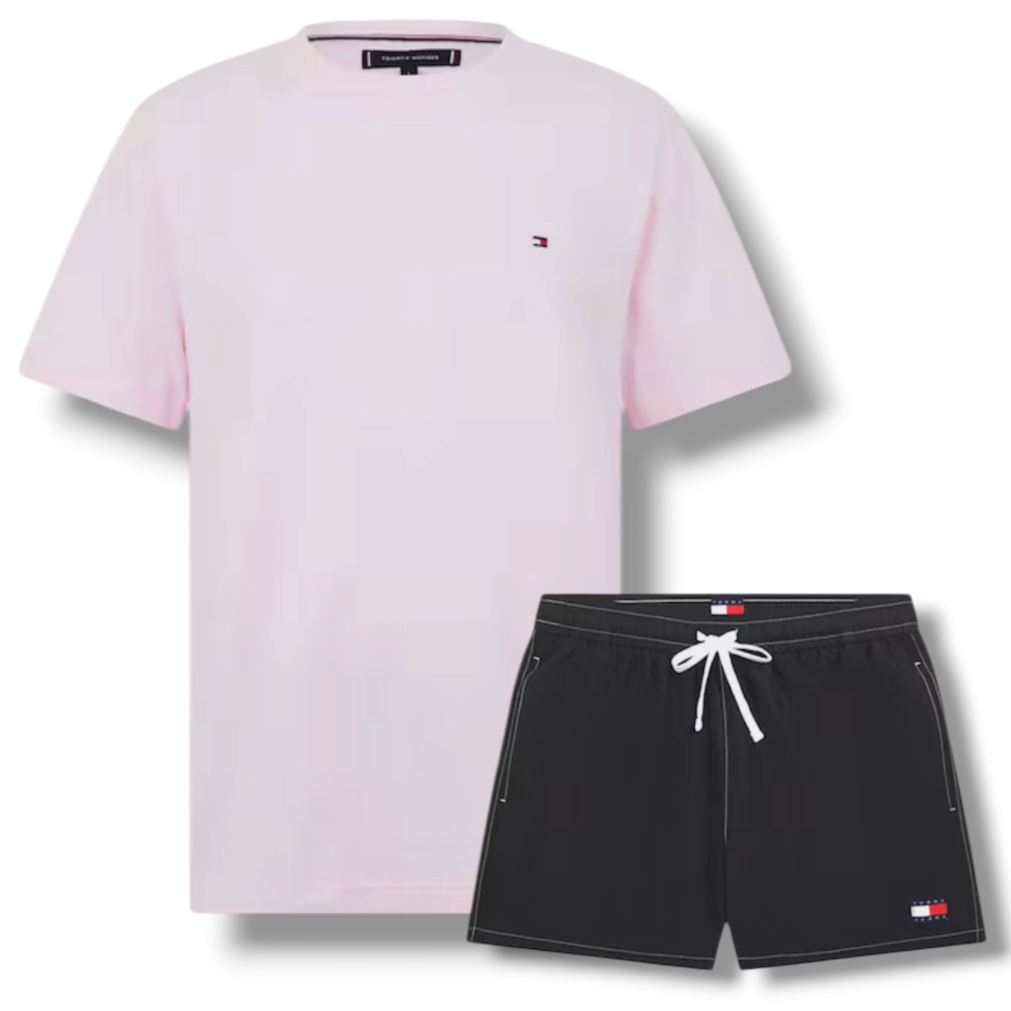 TOMMY HILFIGER SMALL LOGO T-SHIRT & SWIM SHORTS SET PINK & BLACK