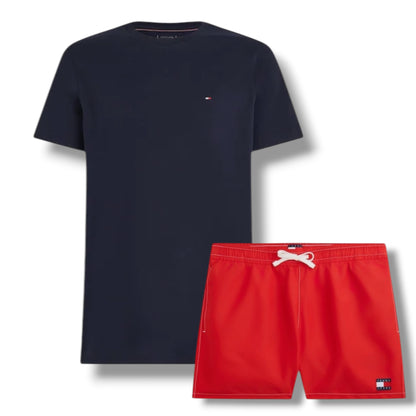 TOMMY HILFIGER SMALL LOGO T-SHIRT & SWIM SHORTS SET NAVY BLUE & RED