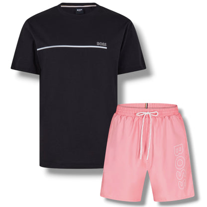 HUGO BOSS STORM T-SHIRT & SWIM SET BLACK & PINK