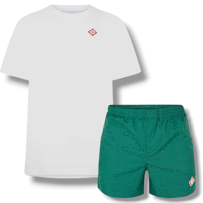 CASABLANCA DIAMOND T-SHIRT & SWIM SHORTS SET WHITE & GREEN