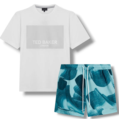 TED BAKER BIG LOGO T-SHIRT & SWIM SHORTS SET WHITE & SWIRL BLUE
