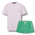 TOMMY HILFIGER SMALL LOGO T-SHIRT & SWIM SHORTS SET PINK & GREEN