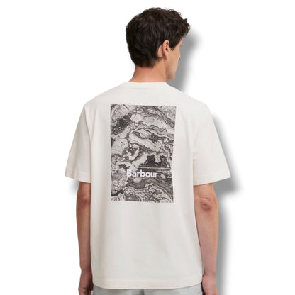 BARBOUR MAP BACK LOGO T-SHIRT & FLORAL SWIM SHORTS SET BEIGE & NAVY BLUE