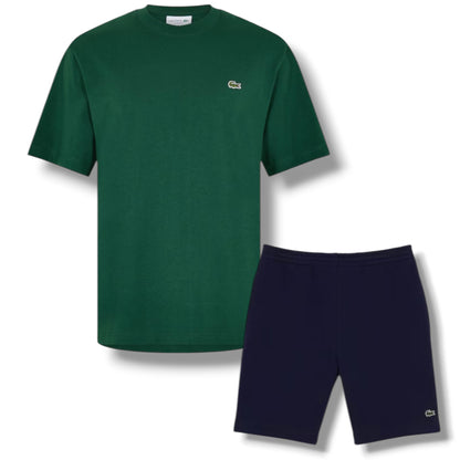 LACOSTE SMALL LOGO T-SHIRT & JERSEY SHORTS SET GREEN & NAVY BLUE