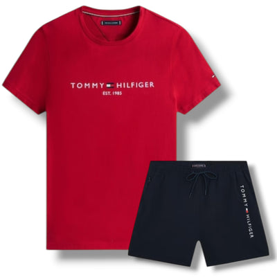 TOMMY HILFIGER LOGO T-SHIRT & SWIM SHORTS SET RED & NAVY BLUE