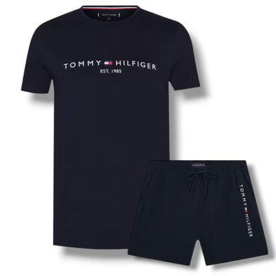 TOMMY HILFIGER LOGO T-SHIRT & SWIM SHORTS SET NAVY BLUE