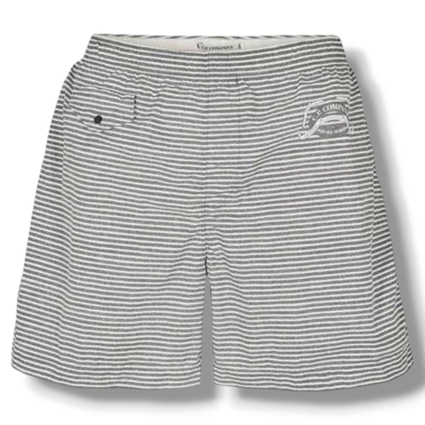 CP COMPANY THIN STRIPE POLO SHIRT & SWIM SHORTS SET GUNMETAL GREY