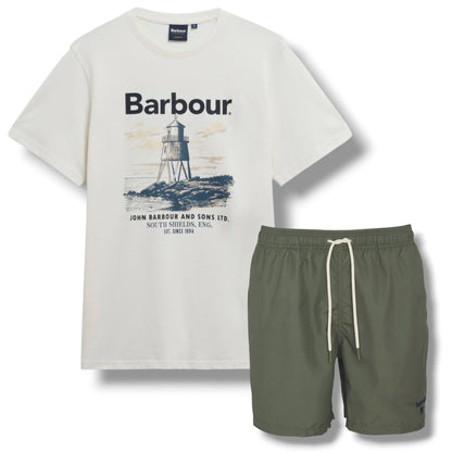 BARBOUR LIGHTHOUSE T-SHIRT & SWIM SHORTS WHITE & OLIVE GREEN