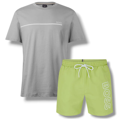 HUGO BOSS STORM T-SHIRT & SWIM SET GREY & LIME GREEN